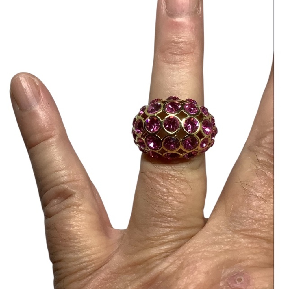 Gold over sterling Silver pink crystal cocktail ring Size 8 excellent condition
